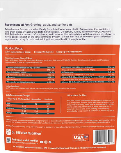 Dr. Bill’s Feline Immune Support | Boosts Cat Immunity and Health with Colostrum, Beta Glucan, Turkey Tail Mushroom, Zinc &amp; Vitamin C | Powder Supplement for Cats of All Ages