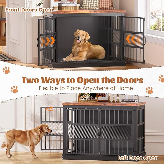 VOPEAK 46" Dog Crate Furniture, Chew Resistant Large Dog Crate for Medium Large Dogs, Heavy Duty XL Dog Crates Dog Kennel Cage Indoor with Double Doors, End Table for Bedroom Living Room, Black