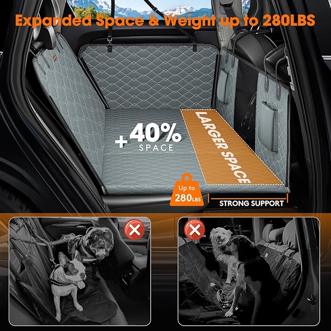 MIXJOY Back Seat Extender - Hard Bottom Dog Car Seat Cover, Waterproof &amp; Foldable Dog Hammock for Car Travel, Grey