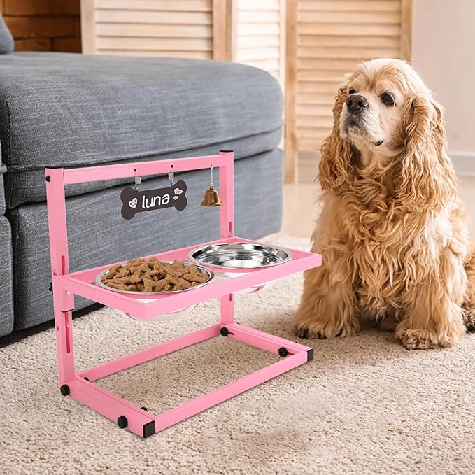 SHAINFUN Elevated Bowls for Small and Medium Dogs, Raised Stand With 2 Stainless Steel Food &amp; Water Bowls, Adjustable Height Feeder for Puppy &amp; Cats, Cute Pink