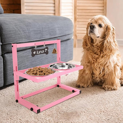 SHAINFUN Elevated Bowls for Small and Medium Dogs, Raised Stand With 2 Stainless Steel Food &amp; Water Bowls, Adjustable Height Feeder for Puppy &amp; Cats, Cute Pink