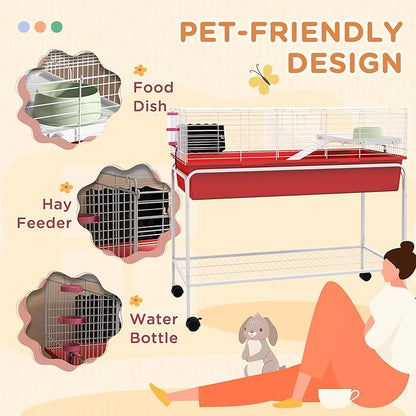 PawHut Two-Story Small Animal Cage Removable from Stand, Guinea Pig Cage with Shelf &amp; Wheels, Pet Habitat for Hedgehog, Chinchilla, Ferret, 39" x 20.5" x 36.5", Red