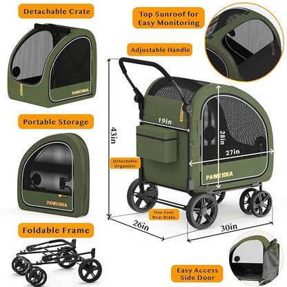 PAWZIDEA Dog Stroller for Large Dogs, Collapsible Pet Stroller with Detachable Carrier, Portable Dog Crate for Car Seat, Adjustable Handle, All-Terrain 9” Wheels, Ideal for Travel &amp; Outdoor Adventures