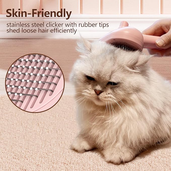 L&amp;W BROS. Steam Grooming Brush for Shedding and Detangling – Self-Cleaning Steamy Pet Brush with Mist Spray for Long-Haired Cats and Small Dogs (Pink)