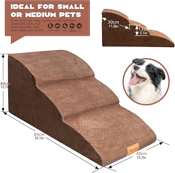 Topmart High Density Extended Foam Dog Ramp&amp;Steps 3 Tiers,15.7" High,Non-Slip Dog Stairs with Waterproof Cover,Soft Foam Pet Ladder,Best for Injured,Older Cats,Pets with Joint Pain