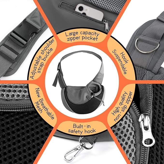 YUDODO Pet Sling Carrier for Small Dogs &amp; Cats – Hands-Free Puppy Carrier with Safety Hook, Large Zipper Pocket, Soft Breathable Mesh, Adjustable Strap &amp; Reflective Strip (Black 1.0 S)