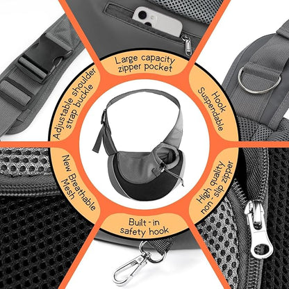 YUDODO Pet Sling Carrier for Small Dogs &amp; Cats – Hands-Free Puppy Carrier with Safety Hook, Large Zipper Pocket, Soft Breathable Mesh, Adjustable Strap &amp; Reflective Strip (Black 1.0 L)
