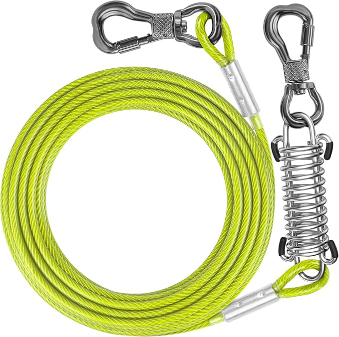 Tresbro 25 FT Dog Tie Out Cable with Spring, Shock Absorbing Tether Chains for Outside Aavilable in 10/15/20/25/30/40/50/70/100/120 FT, Heavy Duty Leads for Yard for Medium &amp; Large Dogs Up to 500 LBS