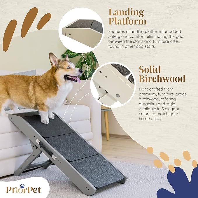 Dog Steps for Bed &amp; Couch 2-in-1 Dog Stairs/Ramp - Height Adjustable Dog Ramp for Couch 7” - 20” - Pet Stairs, Dog Stairs for Small Dogs - Easy to Move Pet Steps with Landing Platform, Gray