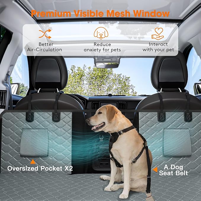 MIXJOY Back Seat Extender - Hard Bottom Dog Car Seat Cover, Waterproof &amp; Foldable Dog Hammock for Car Travel, Grey