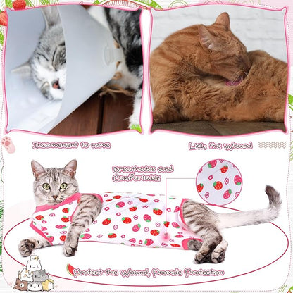 Nuanchu 3 Pieces Cat Recovery Suit Kitten Recovery Suit E-Collar Alternative for Cats and Dogs Abdominal Skin Anti Licking Pajama Clothes Sets(Strawberry Pattern,Medium)