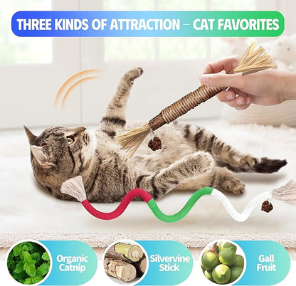 Cat Toys Chew Rope &amp; Silvervine Sticks for Bored Indoor Adult Cats, 4Pcs Interactive Catnip Toys for Cats with Refillable Natural Catnip Bag for Teeth Cleaning