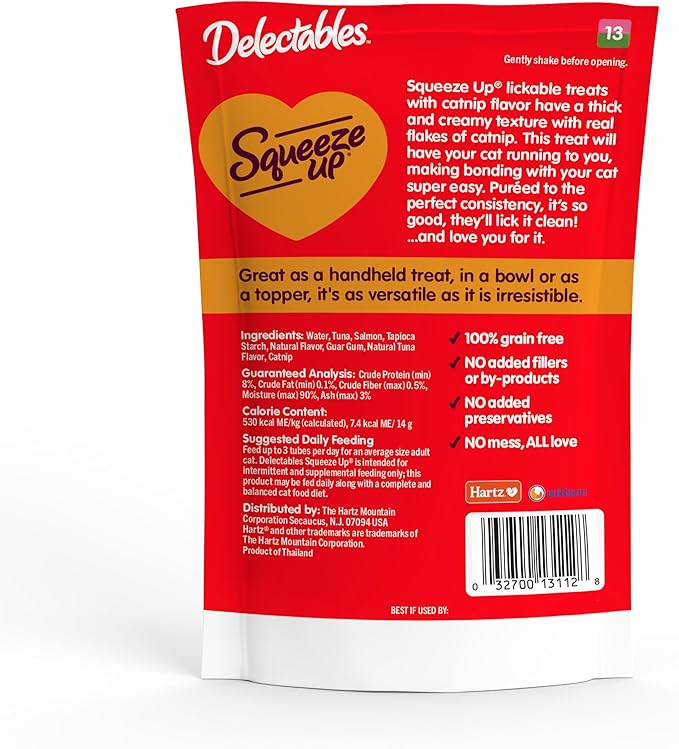 Delectables Squeeze Up Creamy Squeezable Puree, Lickable Wet Cat Treats, Grain Free, No Added Fillers, No By-Products, No Added Preservatives, 0.5 Ounces Tube Tuna &amp; Salmon with Catnip, 32 Tubes Total
