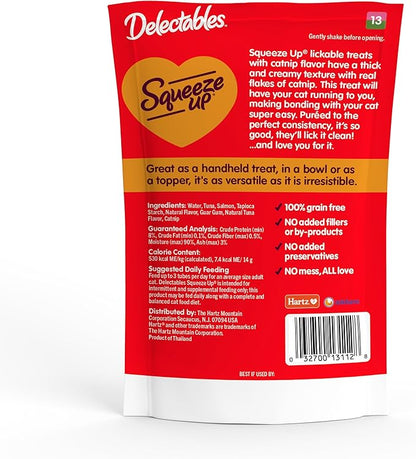 Delectables Squeeze Up Creamy Squeezable Puree, Lickable Wet Cat Treats, Grain Free, No Added Fillers, No By-Products, No Added Preservatives, 0.5 Ounces Tube Tuna &amp; Salmon with Catnip, 32 Tubes Total