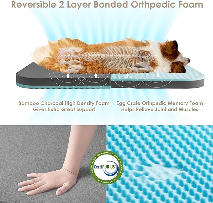 EHEYCIGA Foldable L Dog Bed, Faux Fur Fluffy Dog Couch Bed, Orthopedic Calming Memory Foam L Pet Bed for Large Dogs, Washable Soft Warm Pet Sofa Bed with Non-Slip Bottom, Dark Grey, 40"x30"x6"