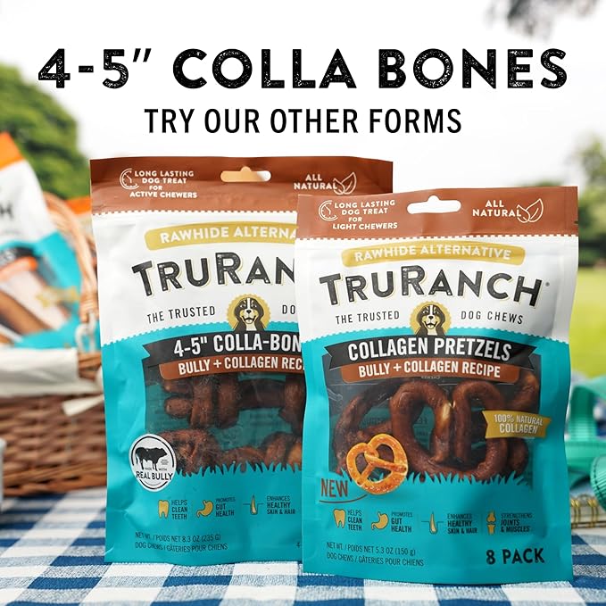 4-5" Collagen Bones, Bully - Collagen Dog Bones - Long Lasting Healthy Joint Support - Rawhide Alternative - Skin &amp; Coat Health, Value Pack, 15 Bags, 60 Count