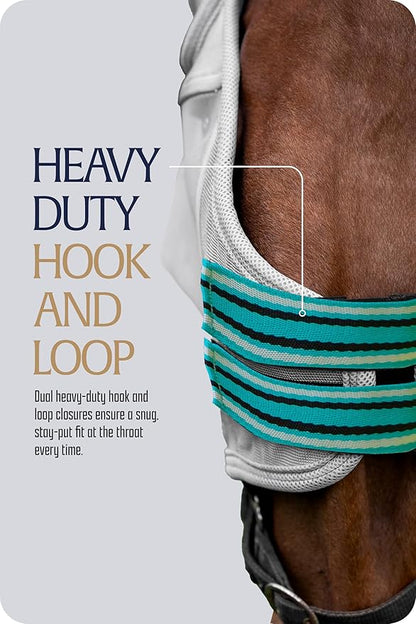 Equinavia Algard Soft Mesh Horse Fly Mask with Ear Protection and 45 UPF Rating | No Eye Irritation &amp; UV Protection - Silver/Turquoise - Pony