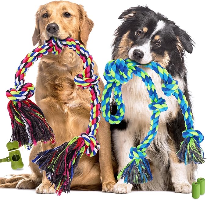 Heavy Duty Dog Rope Toys for Aggressive Chewers, Tough Tug of War Dog Toys for Large, Medium &amp; Small Dogs – 5 Pack Including 2 Ropes &amp; 3 Supplies