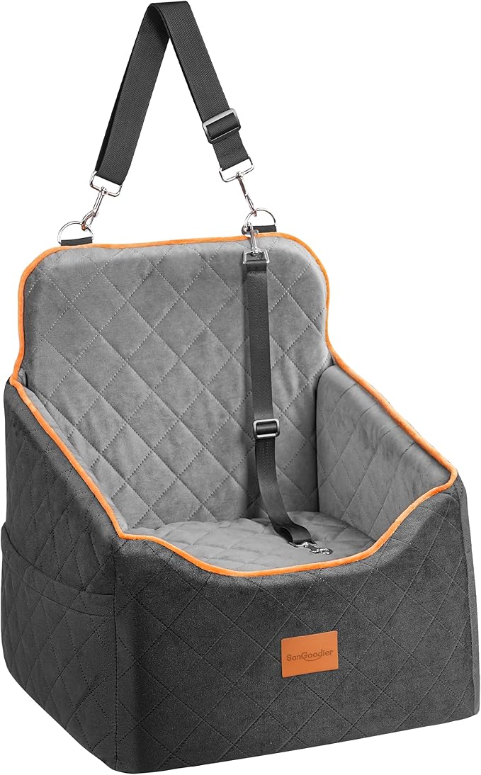 Dog Car Seat for Small Dogs - Puppy Car Seat with Safety Strap &amp; Waterproof Padding, Portable Pet Carrier for Cars, Trucks &amp; SUVs, Comfortable Elevated Bed for Pets Up to 35lbs (Black/Grey)