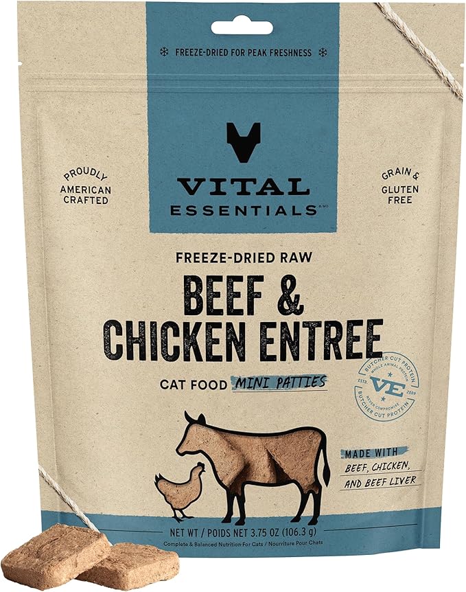 Vital Essentials Freeze Dried Raw Cat Food, Beef &amp; Chicken Mini Patties Entree, 3.75 oz