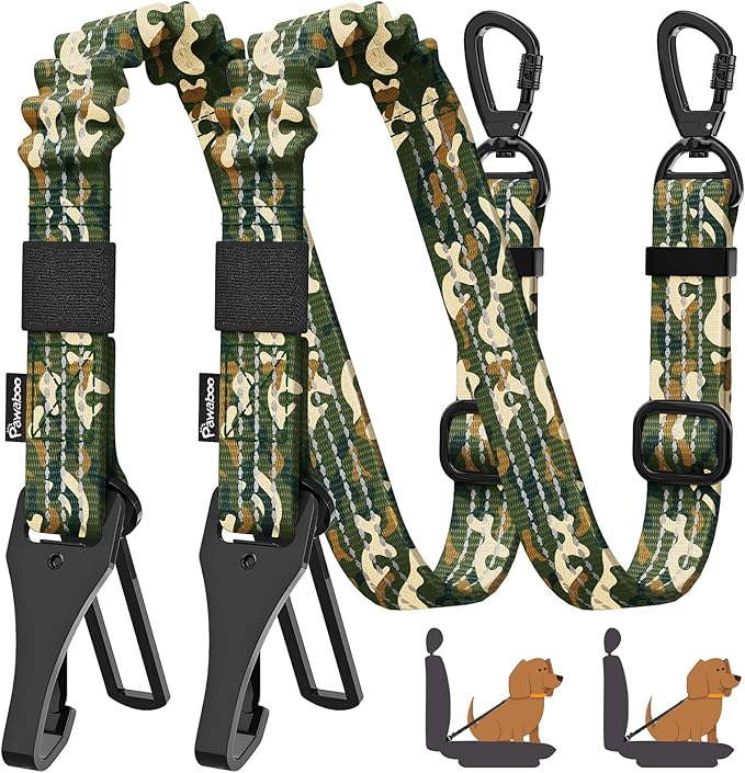 Pawaboo 2Pack Dog Seatbelt for Car, Dog Car Seat Belt Bungee, Dogs Tether with Buckle &amp; Hook Latch, Adjustable Reflective Dogs Cars Harness Leash with 360° Lockable Buckle, Army Green Camouflage