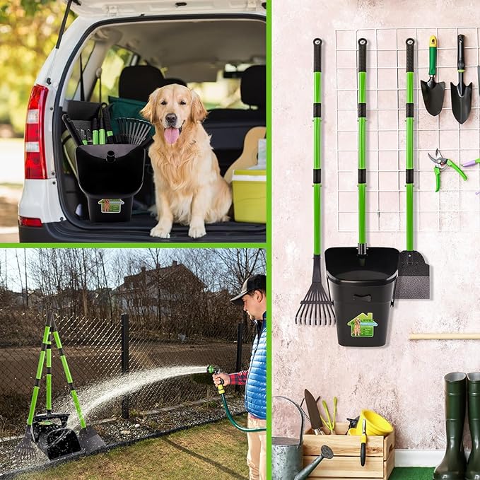 LANNEY Pooper Scooper - 38" Long Adjustable Metal Handle Dog Pooper Scooper Swivel Bin &amp; Rake &amp; Spade with 50 Bags Attachment, Portable Heavy Duty Dog Poop Scooper for Yard Dogs Large Medium Small