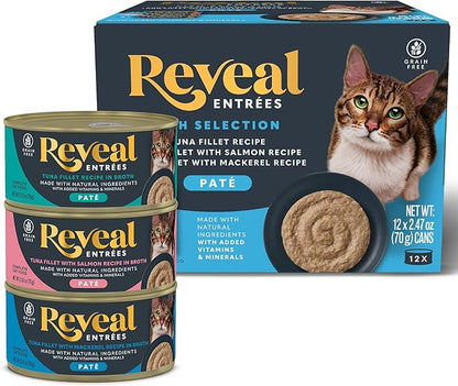 Reveal Entrées Natural Wet Cat Food Paté, Grain-Free with Added Vitamins &amp; Minerals, Carrageenan-Free Fish Variety Selection Paté (12 x 2.47 oz Cans)
