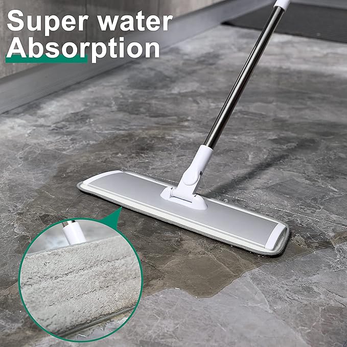 18" Professional Microfiber Mop Floor Cleaning System, Flat Mops with Stainless Steel Handle, 4 Reusable Washable Mop Pads, Wet and Dust Mopping for Hardwood, Vinyl, Laminate (White&amp;Grey)