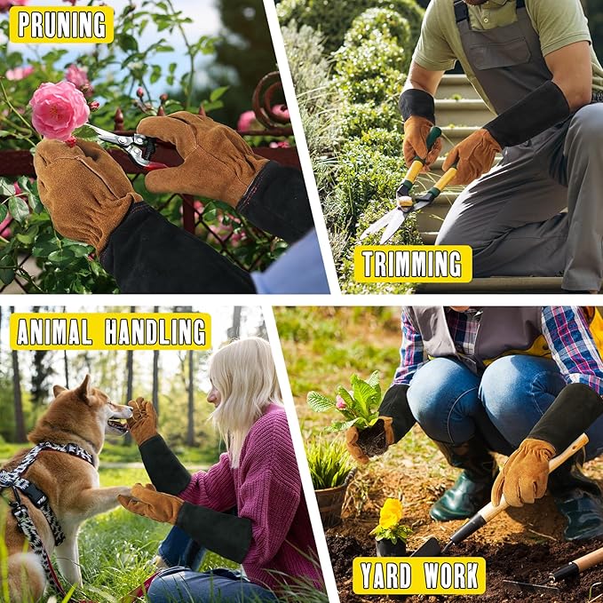 HANDLANDY Leather Gardening Gloves for Men &amp; Women, Rose Pruning Thorn Proof Garden Glove, Long Sleeve Gauntlet Gloves (Black-brown, Large (Pack of 1))
