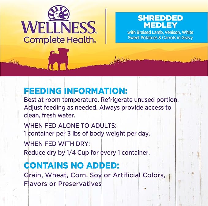 Wellness Petite Entrées Shredded Medley with Braised Lamb, Venison, White Sweet Potatoes &amp; Carrots, 3-Ounce Cup (Pack of 12)