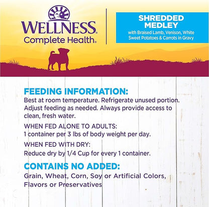Wellness Petite Entrées Shredded Medley with Braised Lamb, Venison, White Sweet Potatoes &amp; Carrots, 3-Ounce Cup (Pack of 12)
