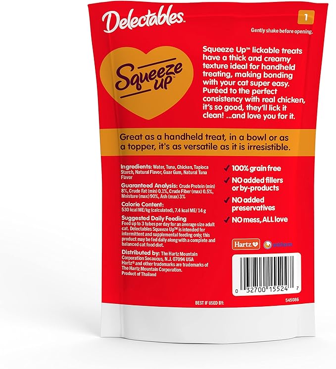 Hartz Delectables Squeeze Up Interactive Lickable Wet Cat Treats for Adult &amp; Senior Cats, Tuna &amp; Salmon, 4 Count(Pack of 8)