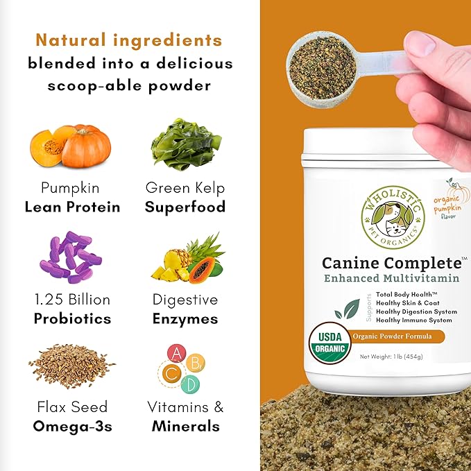 Wholistic Pet Organics Canine Complete - Dog Multivitamin Powder - 1 Lb - Daily Dog Vitamins and Supplements for Homemade Food - Immune System, Skin, Coat &amp; Overall Health - Small and Large Breed