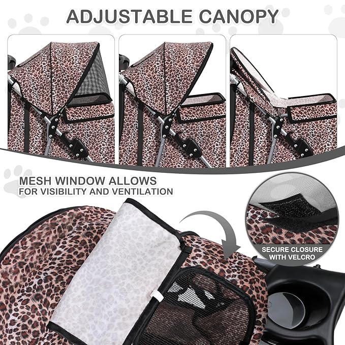 MoNiBloom 3 Wheels Pet Dog Cat Stroller for Small Medium Dogs Cats, Lightweight Foldable Jogger Stroller w/Storage Basket &amp; Cup Holder, Leopard Print