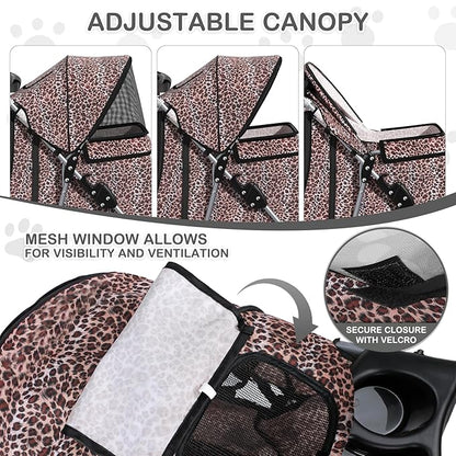 MoNiBloom 3 Wheels Pet Dog Cat Stroller for Small Medium Dogs Cats, Lightweight Foldable Jogger Stroller w/Storage Basket &amp; Cup Holder, Leopard Print
