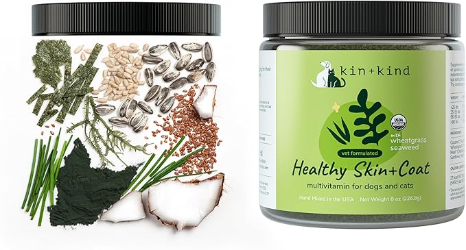 kin+kind Organic Multivitamin for Dogs &amp; Cats - Pet Supplement for Healthy Skin and Coat - Safe, Natural Formula with Wheatgrass, Kelp, Seaweed and Coconut - Made in USA - Bundle (3 x 8 oz)