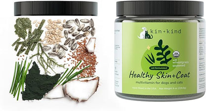 kin+kind Organic Multivitamin for Dogs &amp; Cats - Pet Supplement for Healthy Skin and Coat - Safe, Natural Formula with Wheatgrass, Kelp, Seaweed and Coconut - Made in USA - Bundle (3 x 8 oz)