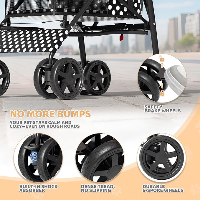 Magshion Compact Pet Stroller for Small-Medium Dogs/Cats up to 22lbs, 4-Wheel Lightweight Umbrella Shaped Portable Puppy Travel Jogger with Breathable Mesh, Cup Holder &amp; Rear Storage, Black Polka Dots