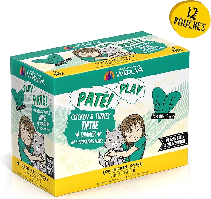 B.F.F. PLAY - Best Feline Friend Paté Lovers, Aw Yeah!, Chicken &amp; Turkey Tiptoe with Chicken &amp; Turkey, 3oz Pouch (Pack of 12)