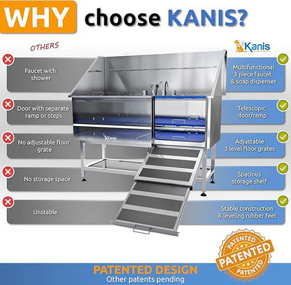 KANIS Professional Dog Washing Station - 304 Stainless Steel Pet Wash Sink &amp; Grooming Bath Tub for Home with Ramp, Shower, Floor Grate, Storage Shelf, Faucet, Drain Kit for Large, Medium &amp; Small Pets