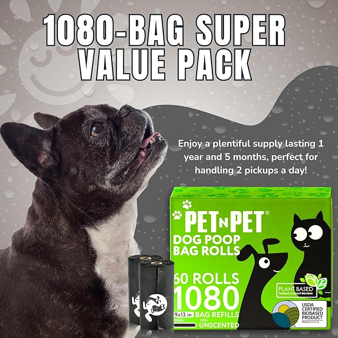Pet N Pet 1080 Counts Black Poop Bags for Dogs, 41% Plant Based &amp; 59% PE Extra Thick Dog Poop Bags Rolls, 9" x 13", Unscented Pet Waste Bag