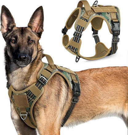 rabbitgoo Tactical Dog Harness for Large Dogs, No Pull Military Service Vest with Handle &amp; Molle, Easy Control for Training Walking, Adjustable Reflective Straps, Brown camo, XL