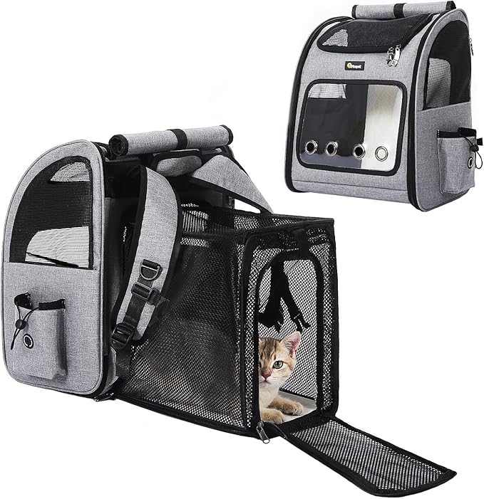 Hoopet Expandable Cat Backpack Carrier – Breathable Pet Carrier for Small Cats &amp; Dogs, Foldable Travel Backpack with Mesh Ventilation for Hiking, Walking, Camping, Light Grey