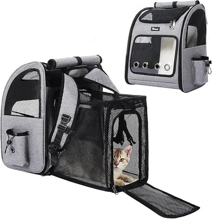 Hoopet Expandable Cat Backpack Carrier – Breathable Pet Carrier for Small Cats &amp; Dogs, Foldable Travel Backpack with Mesh Ventilation for Hiking, Walking, Camping, Light Grey