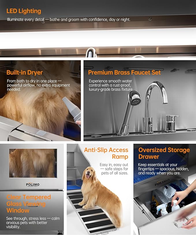 polimo Dog Wash Station with Pet Dryer &amp; LED, Professional Dog Bathing Station for Large, Medium &amp; Small Dogs – with Window, Ramp, Drawer, Floor Grate, LED Display &amp; Faucet (Right RAMP &amp; Dryer, 61")