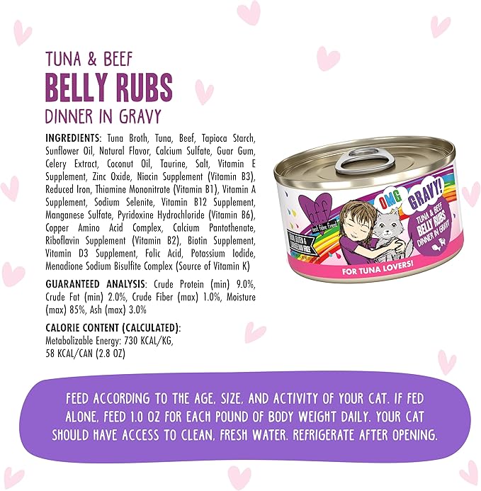 Weruva B.F.F. OMG - Best Feline Friend Oh My Gravy!, Tuna &amp; Beef Belly Rubs with Tuna &amp; Beef, 2.8oz Can (Pack of 12)