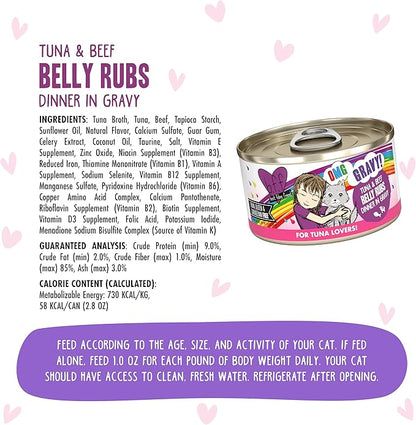 Weruva B.F.F. OMG - Best Feline Friend Oh My Gravy!, Tuna &amp; Beef Belly Rubs with Tuna &amp; Beef, 2.8oz Can (Pack of 12)