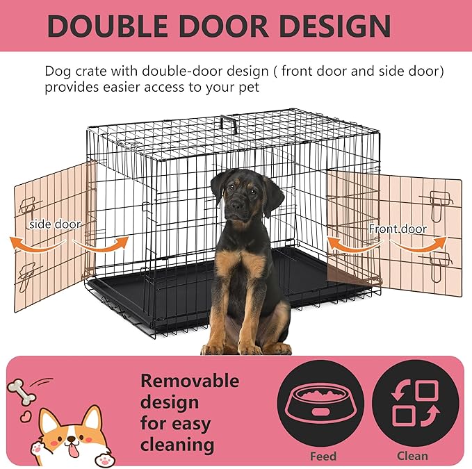 FDW Extra Large Dog Crate Dog Kennel Cage with Double Door,48 inch Folding Metal Wire Dog Cage with Removable Tray&amp;Divider Panel,Pet Crate for Large Dogs,Black
