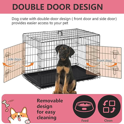 FDW Extra Large Dog Crate Dog Kennel Cage with Double Door,48 inch Folding Metal Wire Dog Cage with Removable Tray&amp;Divider Panel,Pet Crate for Large Dogs,Black