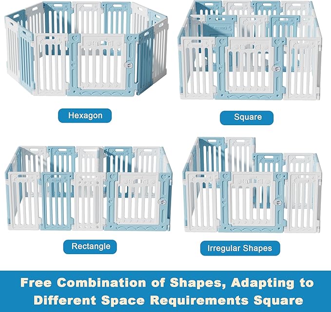 2 Room Dog Playpen with Door,DIY Shape Combination Puppy Pen,16-Panel+2 Link Piece+Large Door+Small Door,25.5" H Dog Fence,Non-Slip&amp;Secure Pet Gate,Easy to Assemble,Blue+White